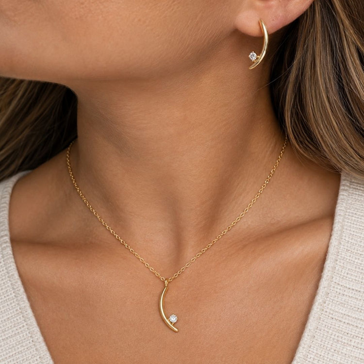 Signature Verana Necklace and Earrings in gold, worn together